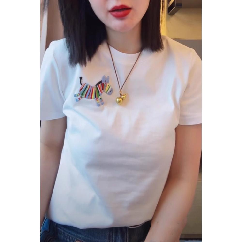 

Весенняя футболка с коротким рукавом из чистого хлопка с вышивкой пони для женщин Простая и модная Универсальная приталенная с круглым вырезом XXXL