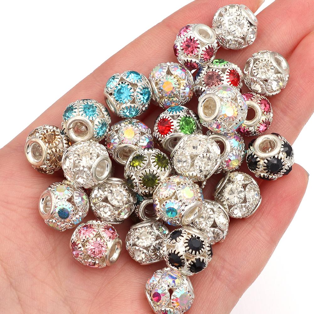 5pcs/lot Metal Beads With Colorful Rhinestones Big Hole Loose Spacer Beads For DIY Fashion Bracelet Necklace Jewelry Accessories