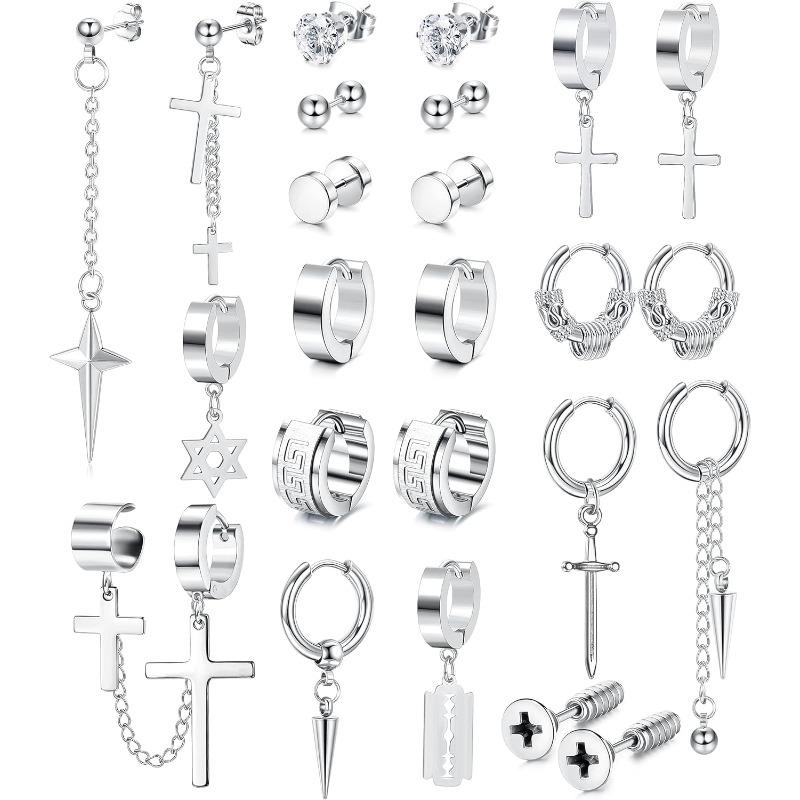 

Bobisty 12 Pairs Mens Earrings Stainless Steel Stud Earrings Set for Men Women Hoop Dangle Cross Punk Gothic Earrings Halloween