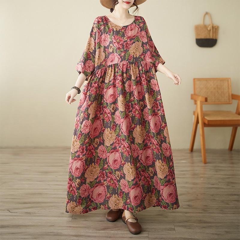 

Новое винтажное платье с цветочным принтом больших размеров с коротким рукавом для женщин, повседневное свободное длинное летнее платье