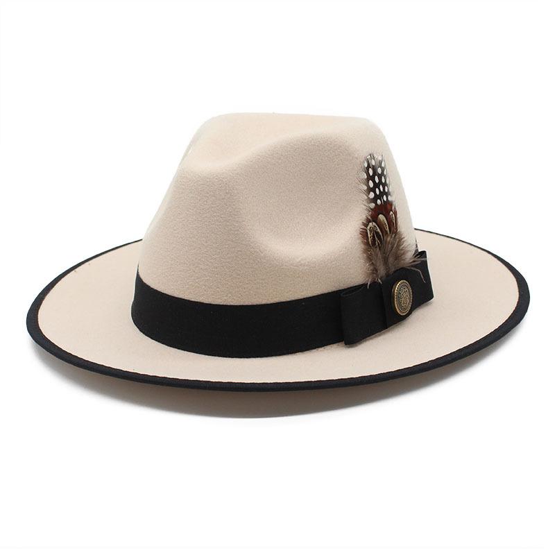 Black Hemming Feather Youth Top Hat Men And Women Large Brim British Fan Wool Gentleman'S Hat