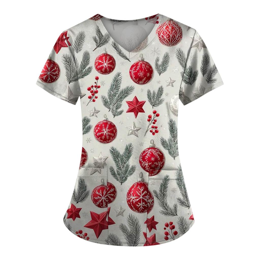 Ladies' Fashionable V-neck Pocket Short Sleeved Christmas Tree Printed Caregiver Shirt