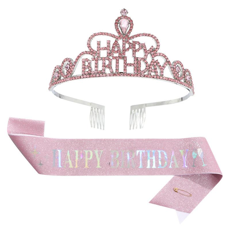 Happy Birthday Party Crown Hair Band Crystal Headwear Hair Accessory Gold Onion Cloth Belt Sash