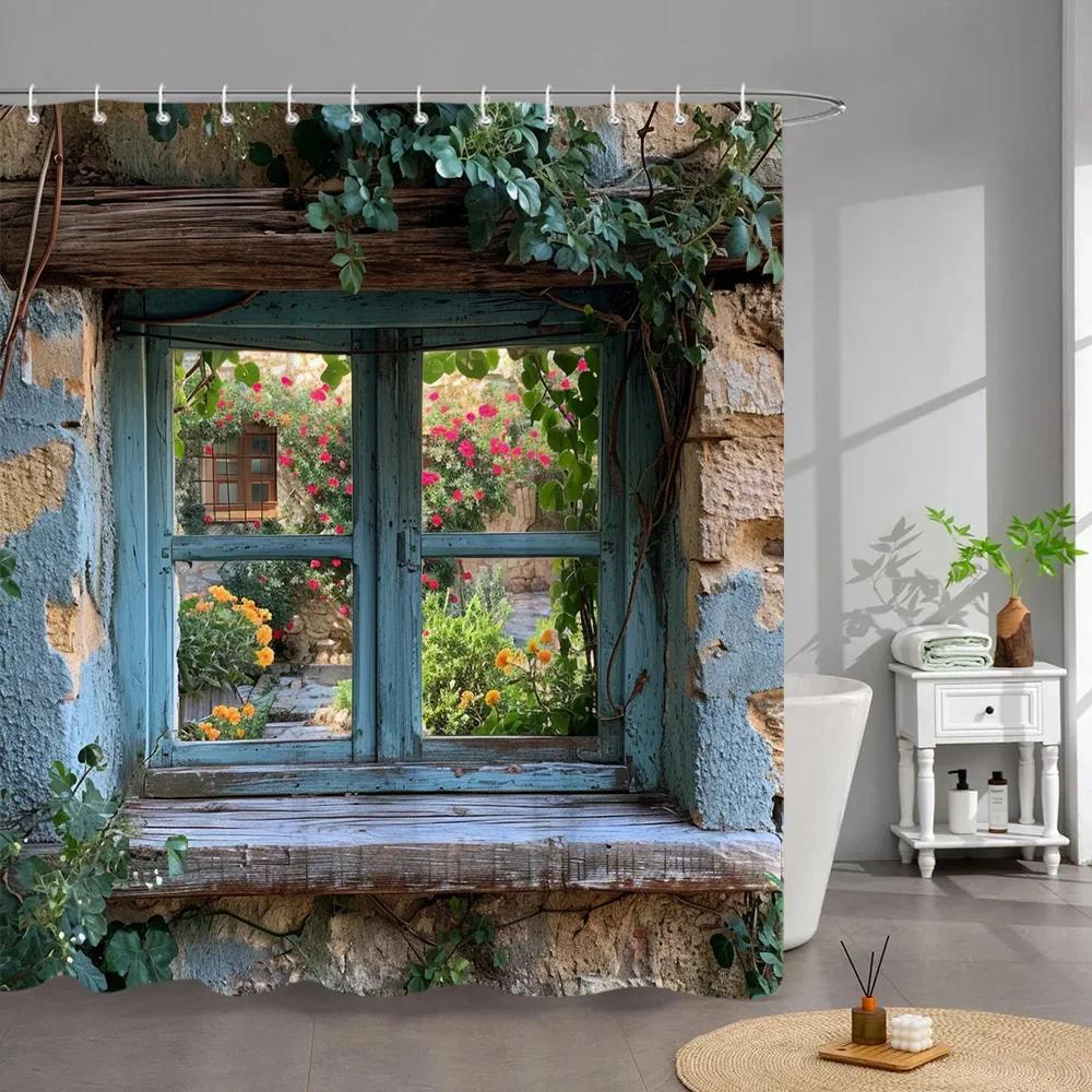 Utomhus Trädgård Affisch Duschdraperi Vintage Fönster Vägg Odla Blommor Polyestertyg Duschdraperier Badrumsdekor