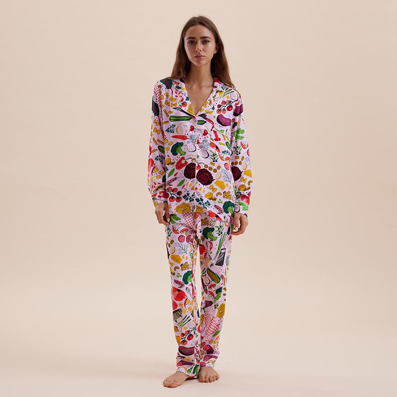 [Crayfish] Autumn new printed pajamas women's long-sleeved pure cotton pajamas women's lapel thin loungewear