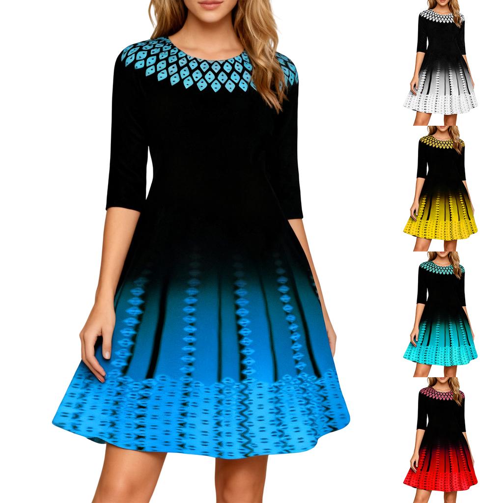 Ladies' Printed Fashionable And Personalized Mid Sleeve Waist Dress