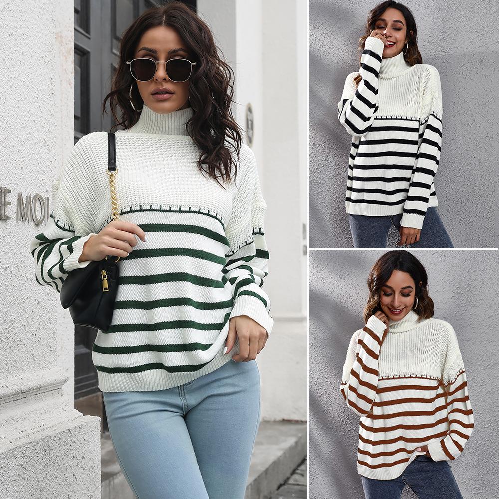 

Women s Striped Patchwork Drop Shoulder High Neck Knitted Sweater Loose Autumn and Winter Loose Casual Pullovers Sweaters Tops S