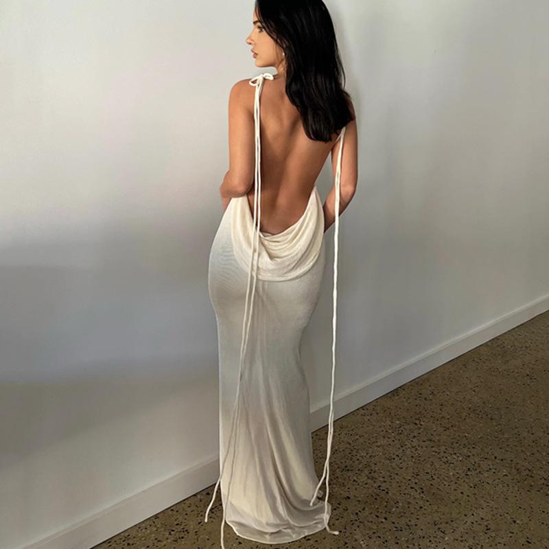 Abito Estivo Sexy Senza Schiena con Lacci da Donna Nuova Moda Senza Maniche Aderente Abito da Festa Club Femminile Tinta Unita Vita Alta Abiti Casual 24537