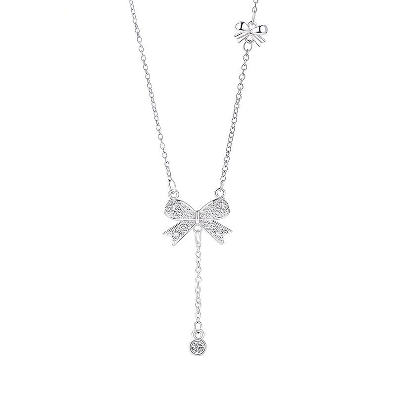 Silver Bow Knot Pendant Necklace Adjustable Y-Shaped Zircon Jewelry