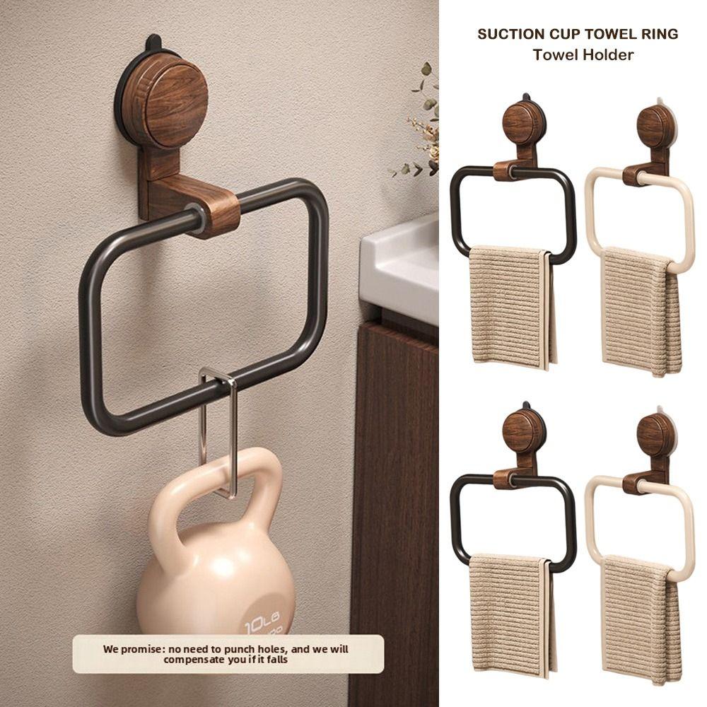 No-Drill Towel Holder Walnut Wood+Aluminium Towel Hanging Rack Suction Cup Towel Ring  Bathroom