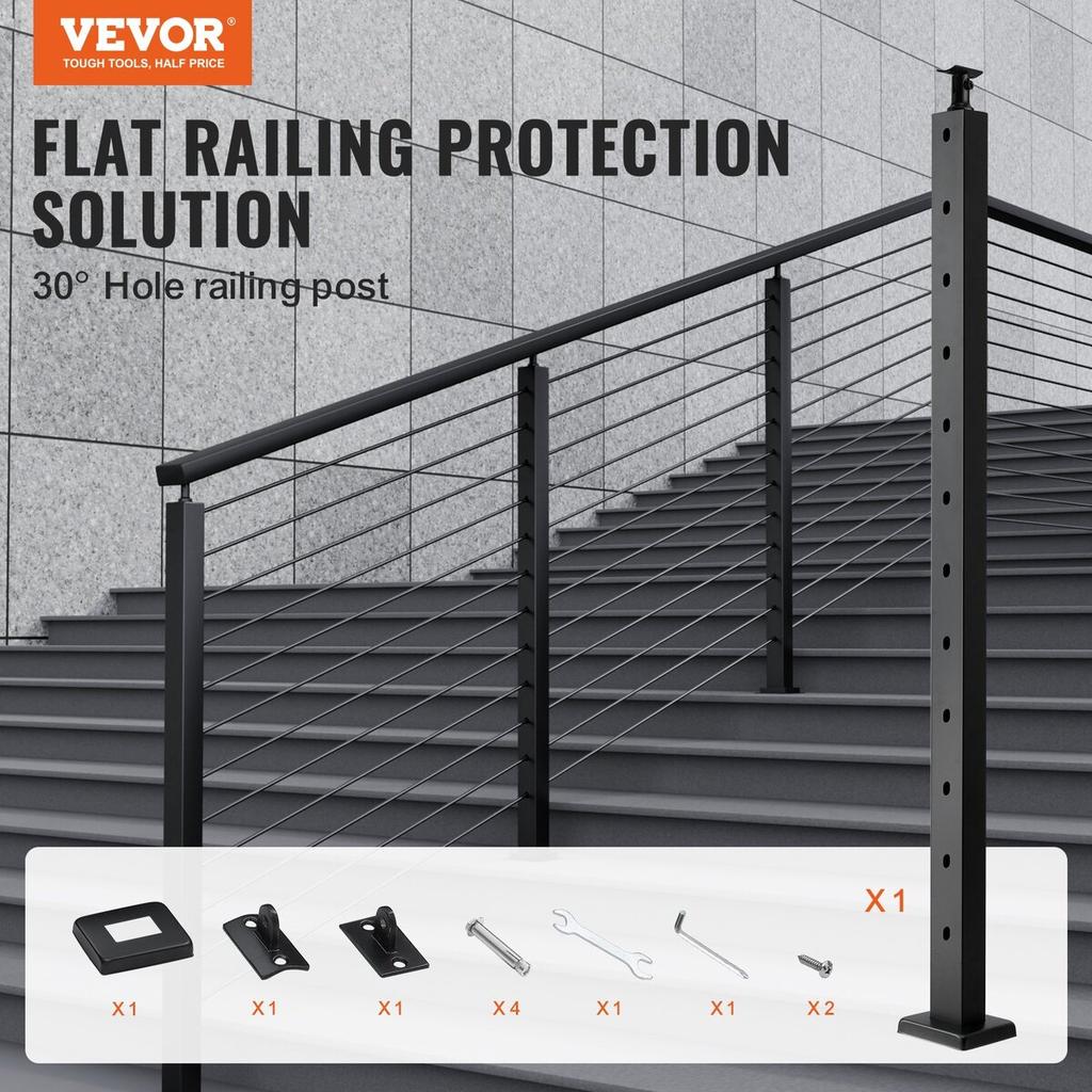Cable Railing Post 42x1x2in 30° Angled Hole Stair Railing Post Black 1Pc