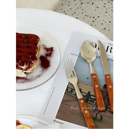 KXLCGYK 5-Piece Cutlery Set, 18-8 Stainless Steel with Wooden Handle, Spoon, Hollow Chopsticks, Fork, Knife, and Storage Bag, Portable for Camping, BB