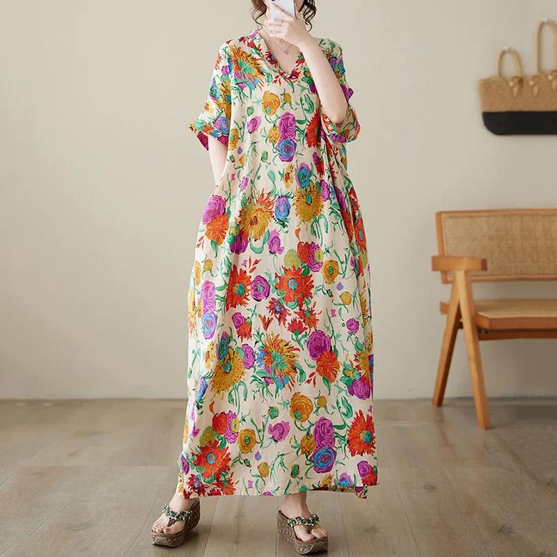Oversized Dresses Summer Women Printing Loose Cotton Linen Long Dresses Large Hem Summer Women Long Dresses