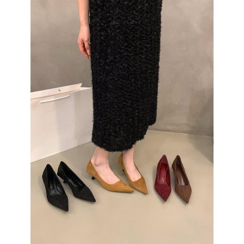 Stiletto High Heels Spitze Wildleder Einzelne Schuhe Frühling und Herbst Kitten Heel mit Rock Pendler Schuhe