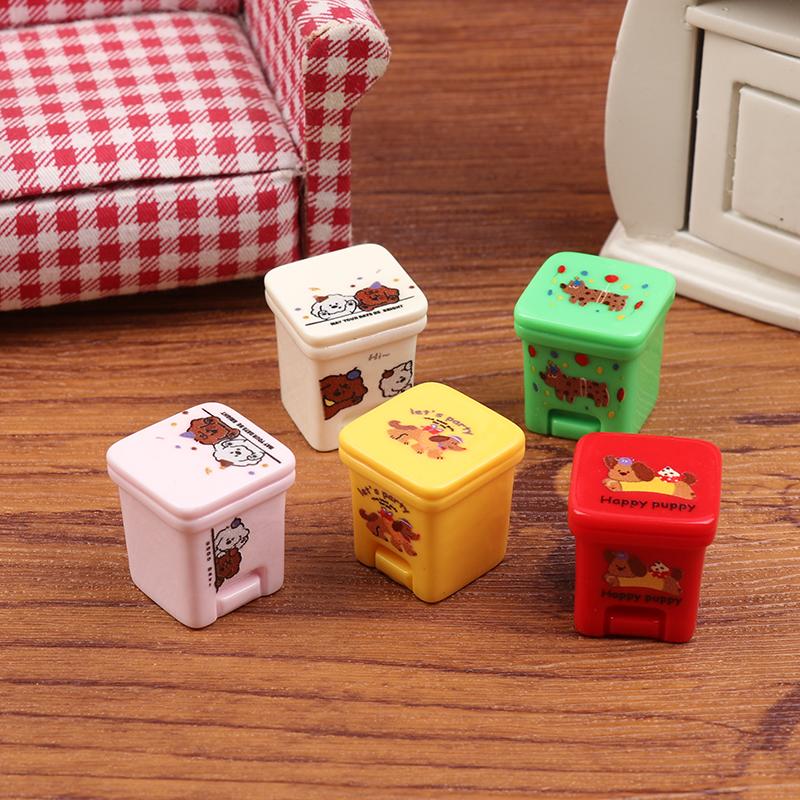 5Pcs Dollhouse Mini Cartoon Garbage Can Model Dollhouse Furniture Decoration Dolls House Accessories Pretend Play Toys