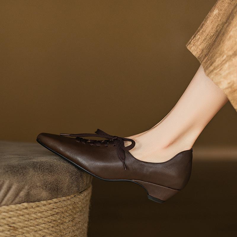Fashion 2025 Spring Women Pumps Square Toe Chunky Heel Women Shoes Casual Lace-up Women Loafers Handmade Ladies Shoes Genuine Leather