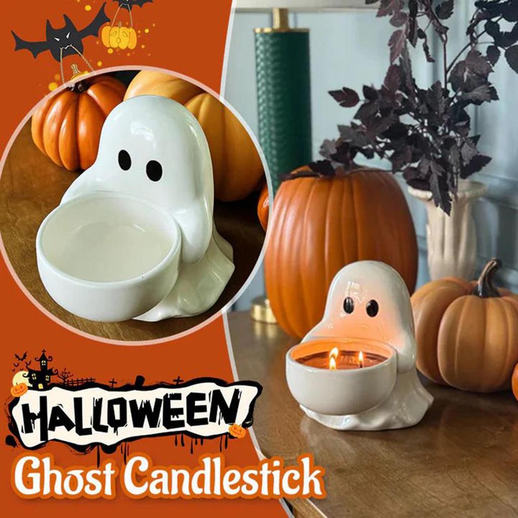 Halloween Candle Holder Ghost Figurine Candle Holder Desk Decor Resin Cute Guardians Ghost Statue Aromatherapy Candlestick