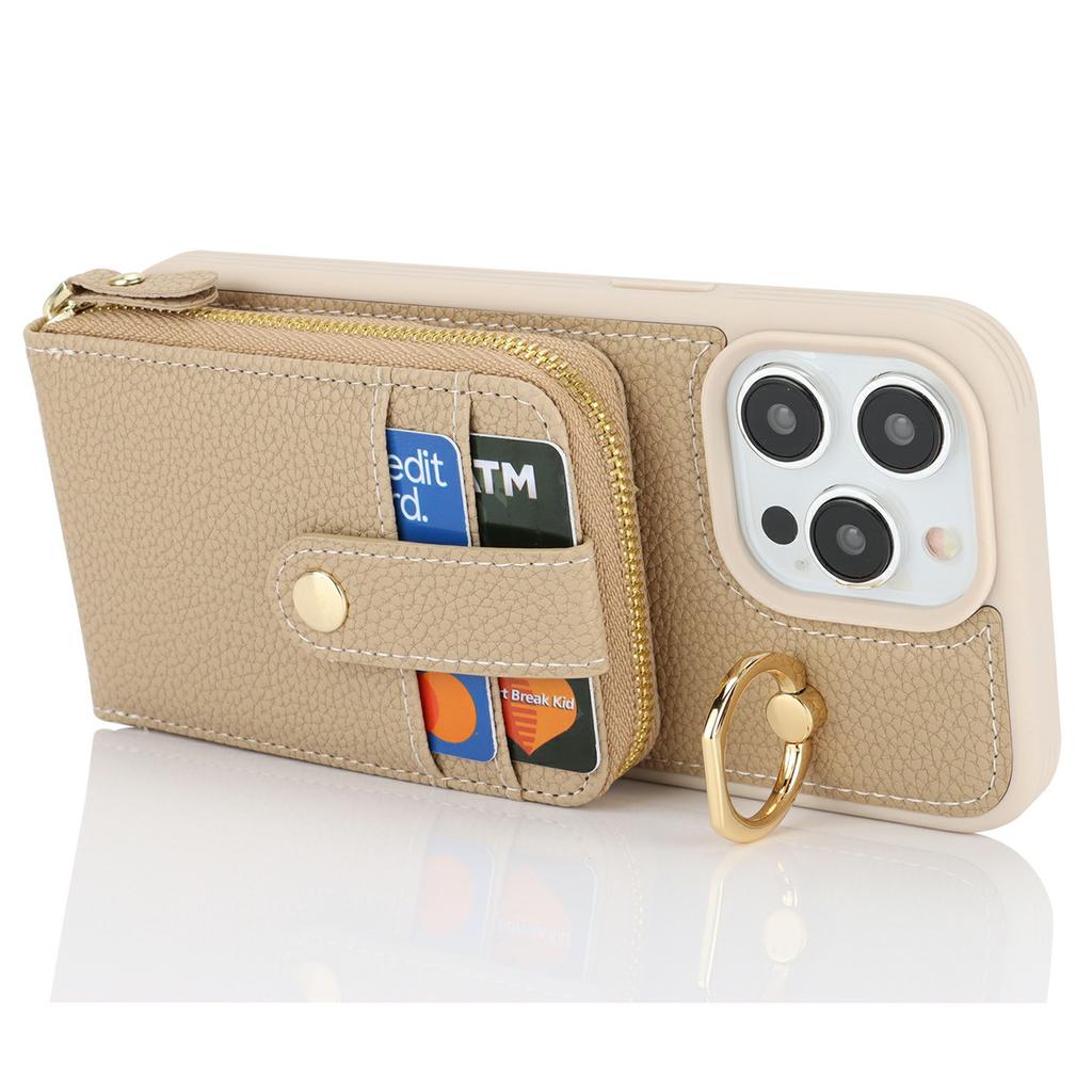 For iPhone 13 Pro Max/12 Pro Max Case with Zipper Pouch/Ring Kickstand/Strap Litchi Texture PU + TPU Phone Cover