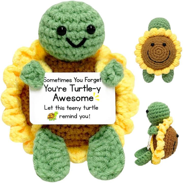 Mini Funny Turtle Positive Crochet Animals Doll With Card Desktop Ornament Emotional Support Handmade Knitted Cheer Up Toy
