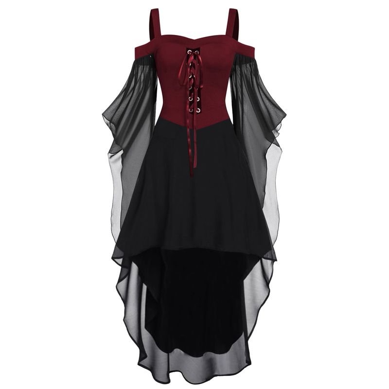 

Plus Size Women s Clothing Fat Sister Big Swing Sleeve Asymmetrical Patchwork Halloween Witch Sling Strap Mid Length Long Length Dress Red L (77.50 kg-85.00 kg