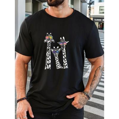 Men's Summer Casual Round Neck Short Sleeve T-Shirt with Giraffe Wearing Fashion Glasses Graphic