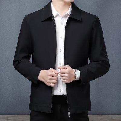 Men Jacket Lapel Long Sleeve Zipper Placket Middle-aged Coat with Side Pockets Solid Color Casual Jacket Outwear