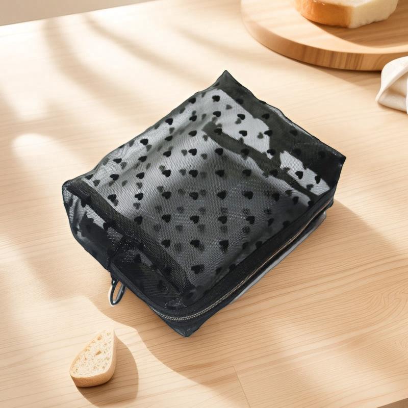 New Travel Black Mesh Cosmetic Bag Zipper Makeup Bag for Women Wash Toiletry Bag Makeup Organizer Portable Storage Pouch