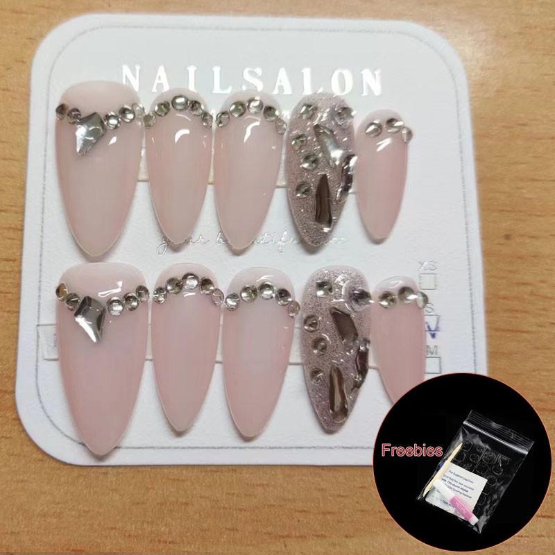 

Искусственные ногти ручной работы телесного цвета, простые ногти с каплями воды и бриллиантами, фототерапия, накладные ногти, многоразовые и съемные ногти L