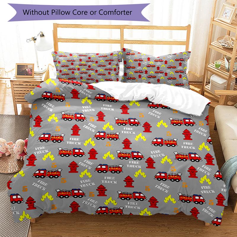 3pcs fire truck Bedding Set Duvet Cover Closure Includes 1 Duvet Cover & 2 Pillowcases, Soft and Comfortable for All Seasons.