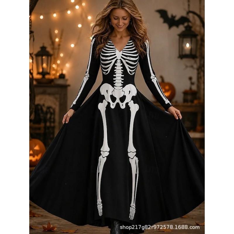 2026 Halloween Womens V-Neck Long Sleeve Maxi Dress With Ghost Pumpkin Witch Print High-Waist Loose Fit Party Gown