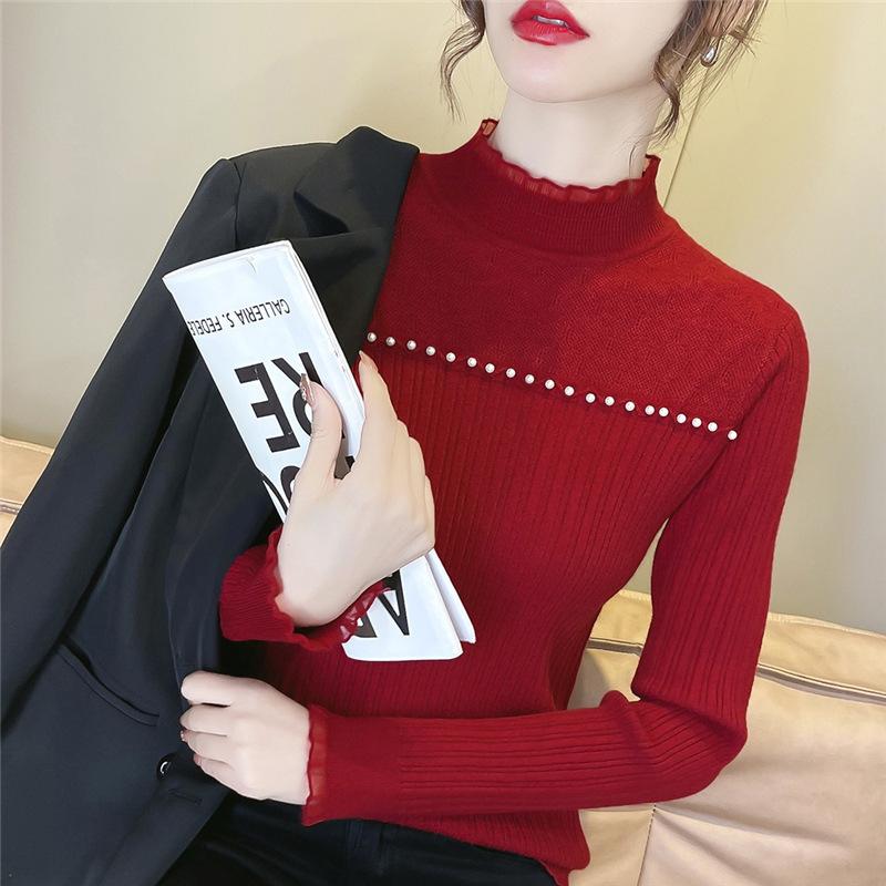 In Stock Autumn Winter Korean Womens Semi High Neck Solid Pullover Base Layer Multi Color Slimming Cutout Knit Sweater