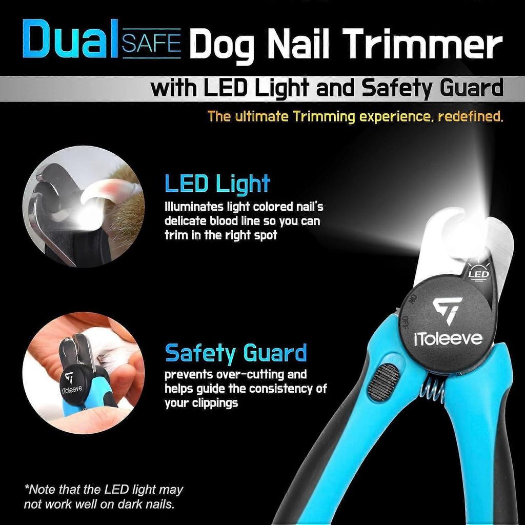 These dog nail clippers with LED lights quickly illuminate nails for easy and safe trimming; the sharp blades easily handle even thick nails; and a fa