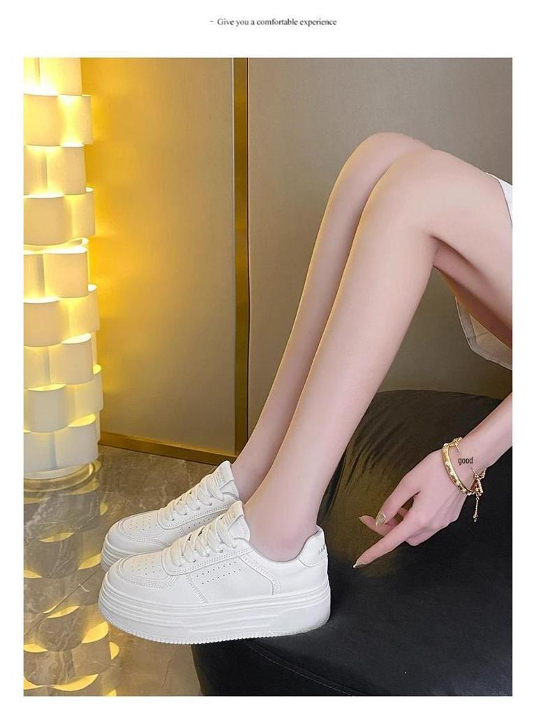 Dámské bílé prodyšné boty se silnou podrážkou - Pohodlné, protiskluzové, lehké, zvyšující výšku, skate tenisky na jaro a podzim