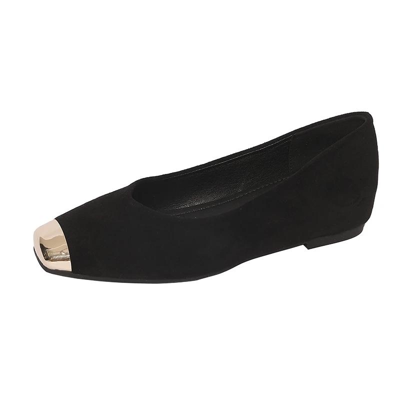 Fashion Metal Square Toe Suede Inside Heightening Anti-Slip Wear-Resistant Low Heel Single