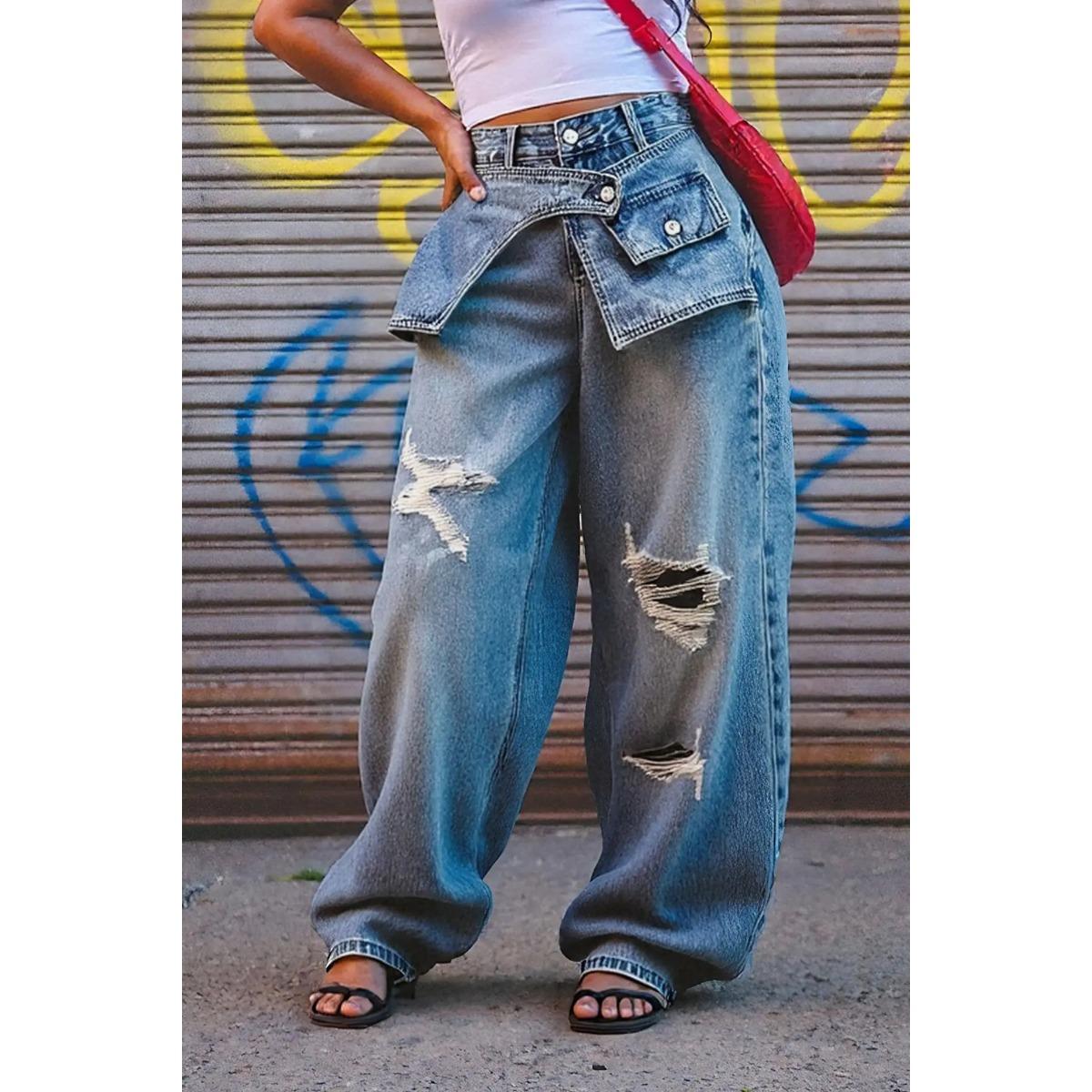 

Hole Jeans Straight Pants Women Washed Mid Waist Loose Trousers Ripped Denims Distressed Vintage Streetwear Female Floor Length XXXL синій