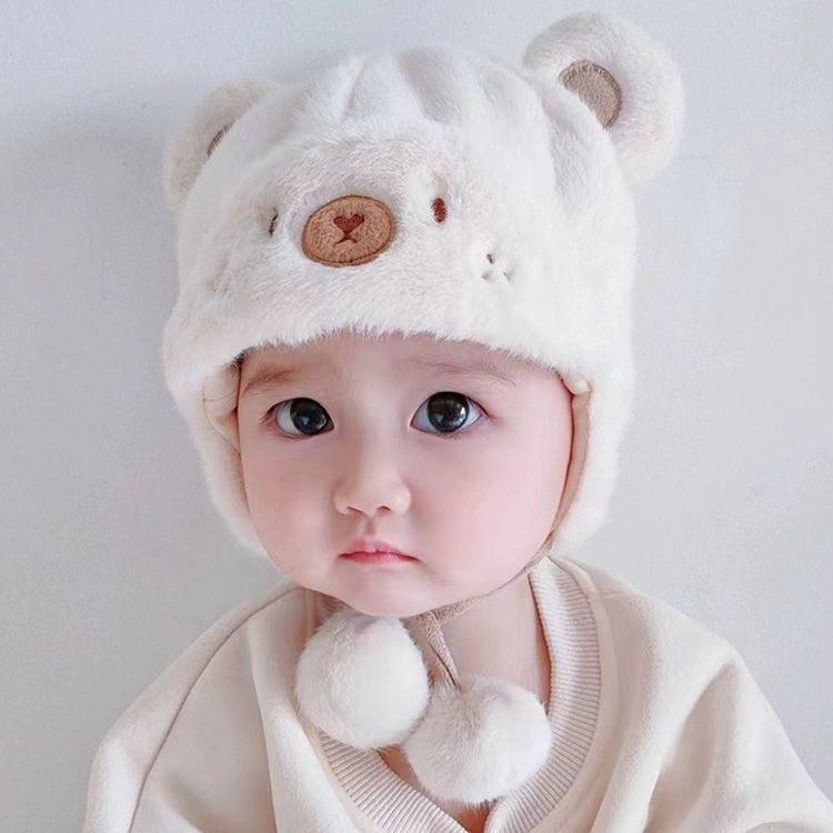 Winter infant face protection knitted hat windproof and warm ear protection hat fleece thickened male and female treasure cute plush hat
