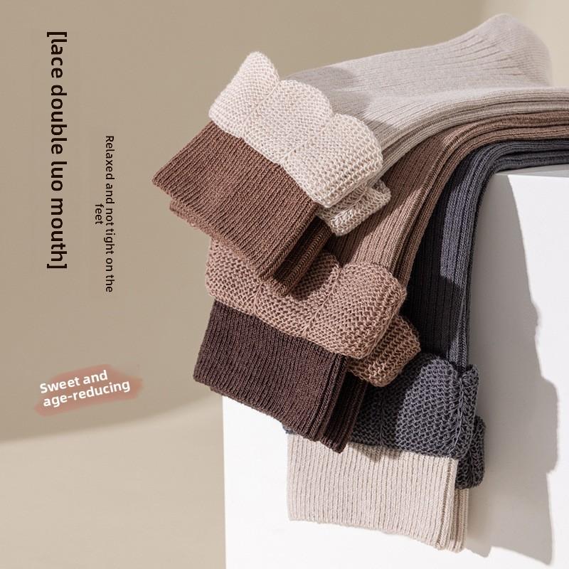 Socks for Women Spring and Autumn, Mid-tube Double Ribbed Cotton Socks Bubble Mouth Autumn and Winter Loose Mouth Yuezi Pile Socks