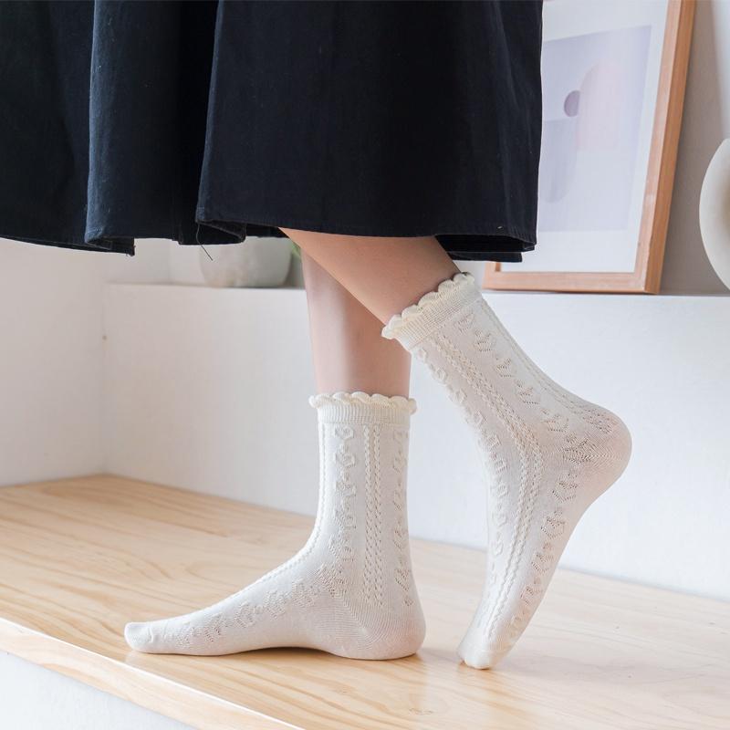 Womens Socks Ruffle Turn-Cuff Mid Cut Ankle Crew Socks All Season Soft Knit Cotton Socks Solid Color Lettuce Dress Sock