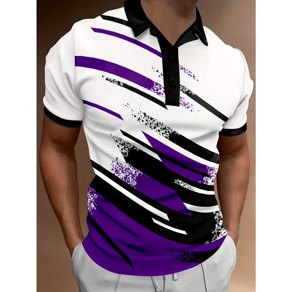 Men's Polo Shirts 3D Digital Pattern Casual Button Up Short Sleeve Shirt Breathable Comfortable
