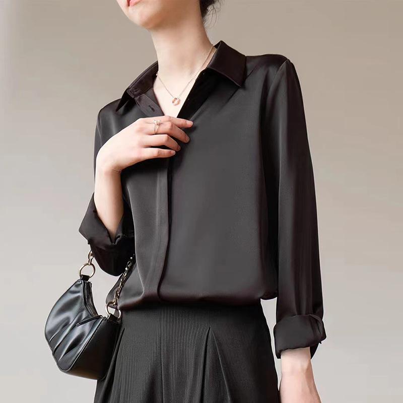 Women's Ash Blue Satin Long Sleeve Shirt - Retro Hong Kong Style, Spring Commute, Concealed Placket, Versatile Drapey Blouse