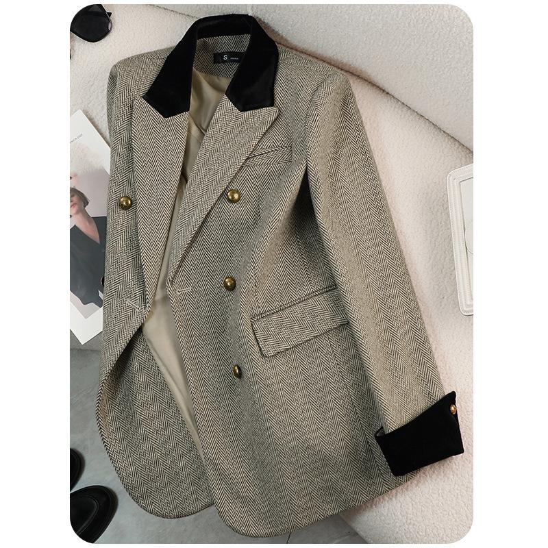 

Women s Office Woolen Suit Jacket Women Autumn Winter Chic Gray Herringbone Pattern Suit Thick Casual Coat XXS