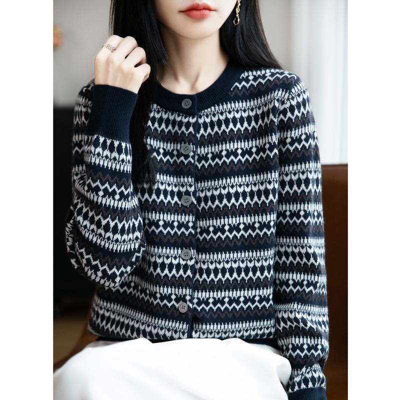 Cardigan de damă Fair Isle cu gât rotund, tricotaj larg - Palton pulover casual bloc de culoare Toamnă/Iarnă