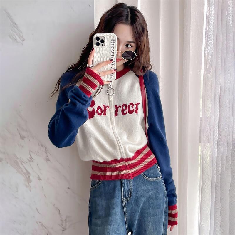 

Tangshi Casual Letter Print Round Neck Zipper Cardigan M