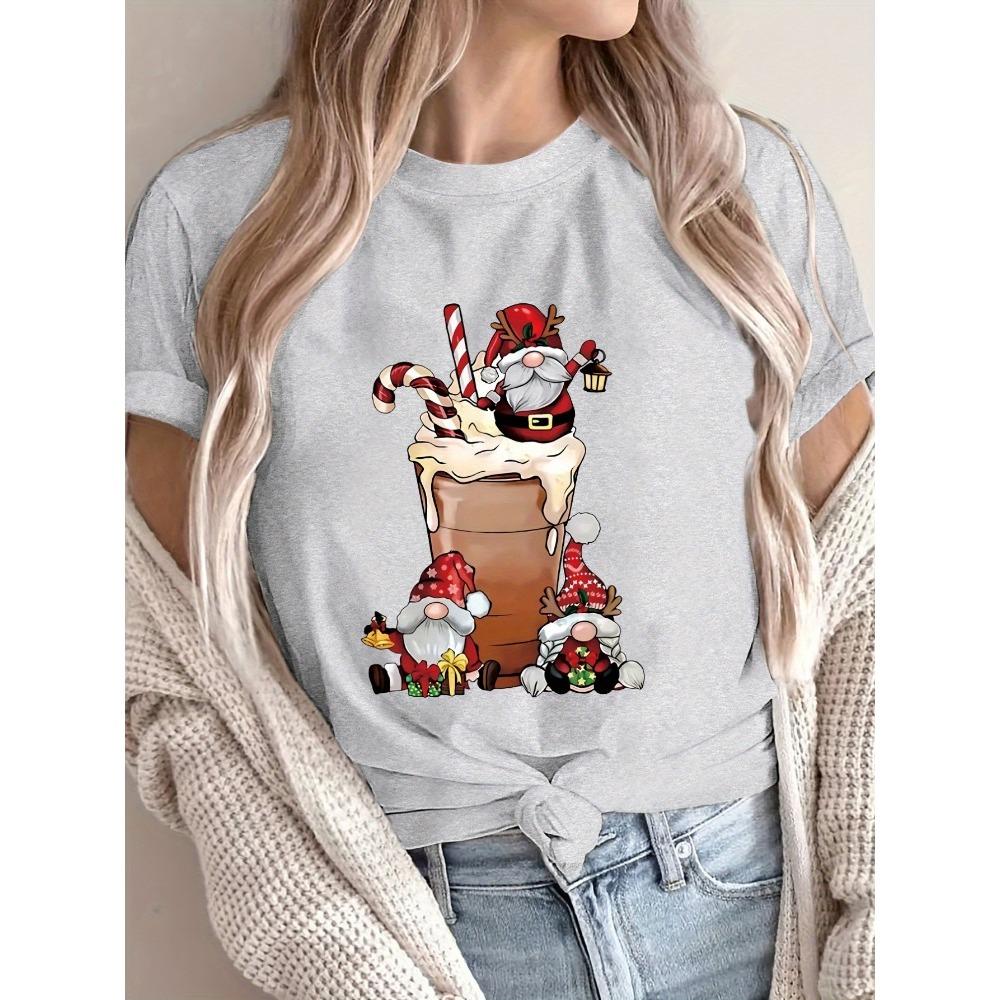 Women's Christmas Gnome and Santa Claus Pattern Short-Sleeve T-Shirt Casual Crew Neck Top Holiday Party Outfit Fun Print Shirt