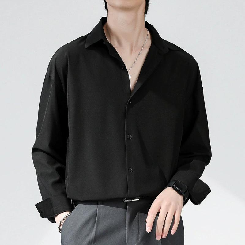 Men's Summer Solid Color Simple Ice Silk Long Sleeve Shirt Loose Draped Handsome Casual Tops