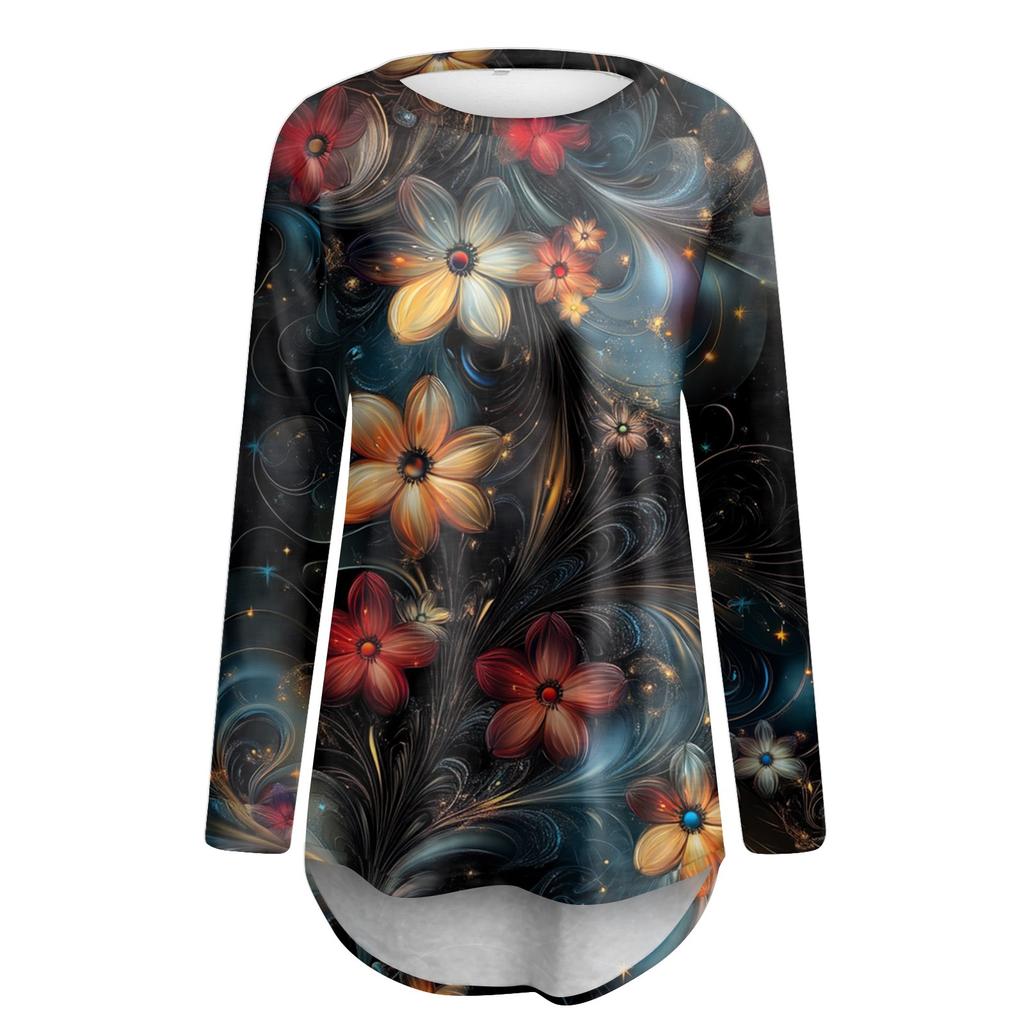 Women's Fashion Casual Long Sleeve  Print Round Neck Pullover Top Blouse