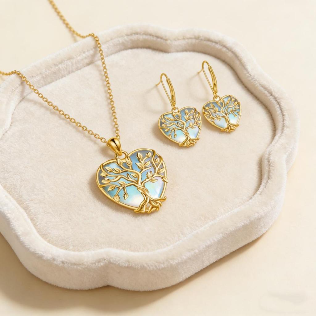 Moonstone Earring & Necklace Set - Heart Tree of Life, Luxurious European & American Style for Women