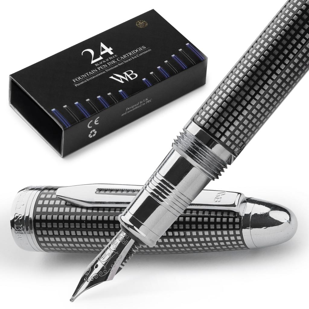 Stylo Plume Wordsworth Black Majesti de luxe en acier inoxydable Plume Moyenne Rechargeable avec Convertisseur d'Encre Stylo de Calligraphie Coffret Cadeau d'Affaires Parfait pour Hommes et