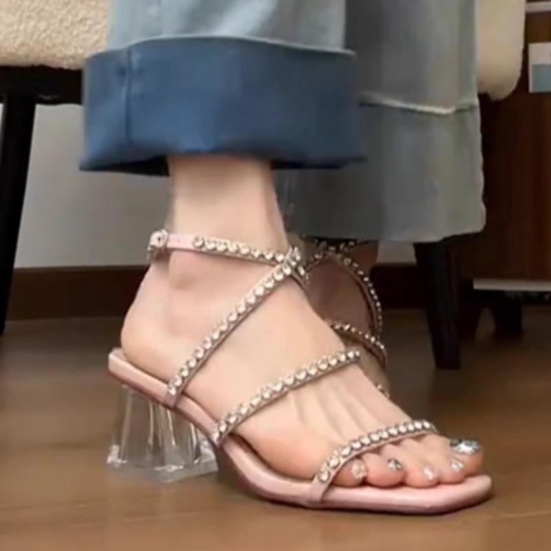 

Fashion Transparent Chunky Sandals Women s Fashion Square Head Shallow Mouth Crystal Thin Strap Anti-slip Wear-resistant High Heels 35