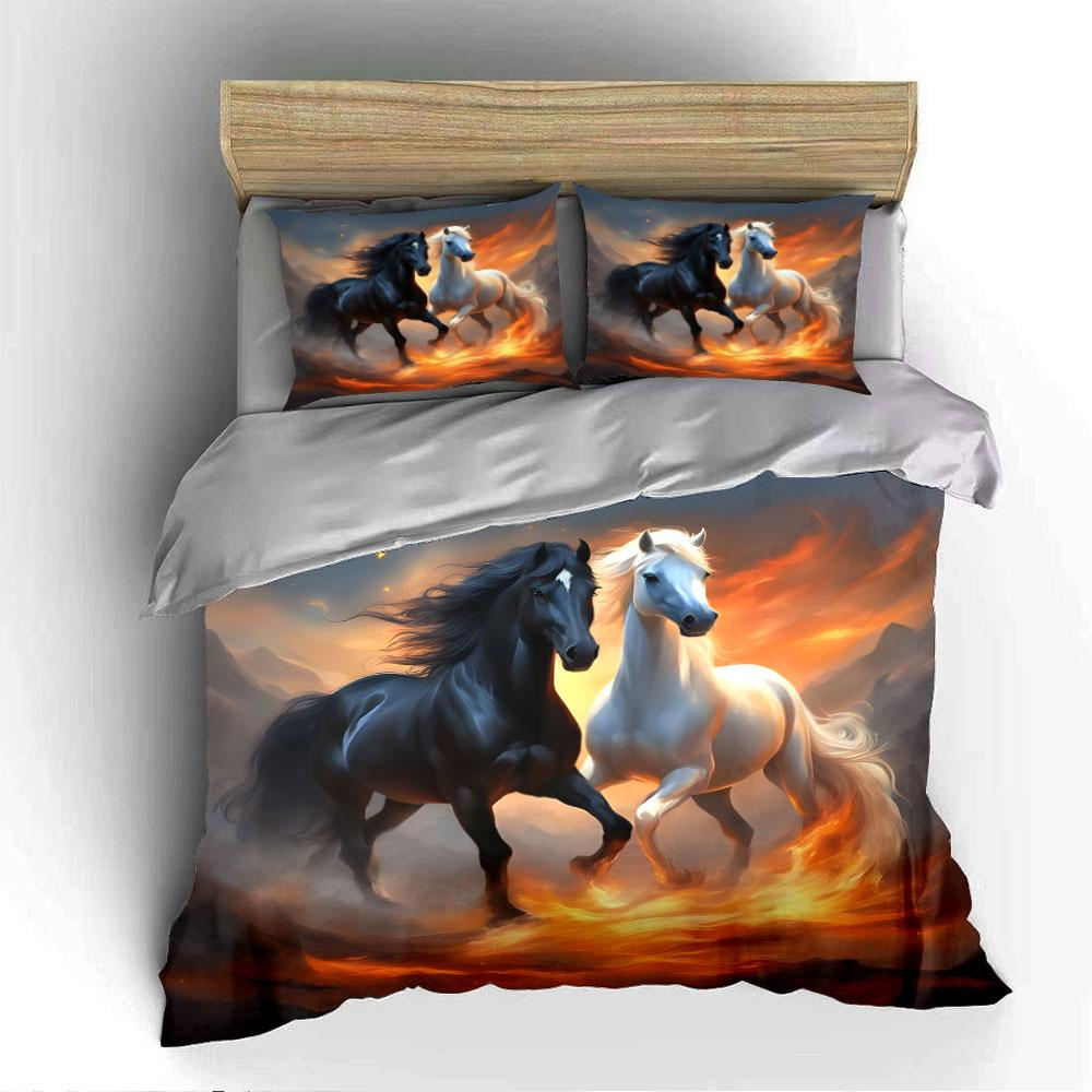 Fiery Black and White Horses Bedding Duvet Cover Set (1*Duvet Cover 2*Pillowcases, Without Duvet Insert)